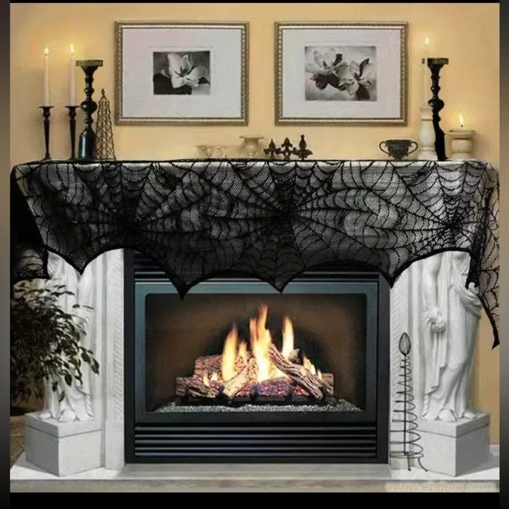 Halloween Mantle Decor Fireplace Cover Spiderweb Trick Or Treat Scary Spooky
